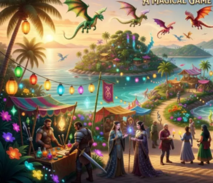 Kolorowa scena wydarzenia sezonowego z wyspą i smokami w Dragon Cape Przygoda