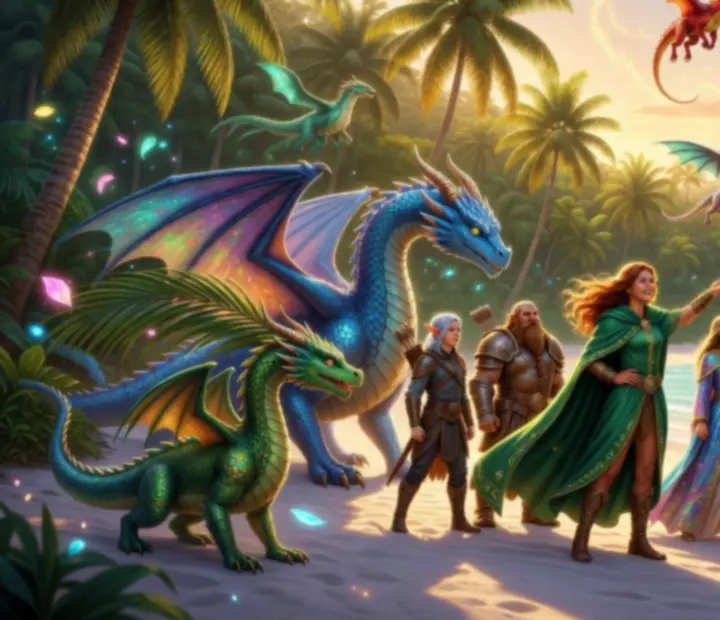 Kolorowa ilustracja smoków i tropikalnych wysp z gry Dragon Cape Przygoda