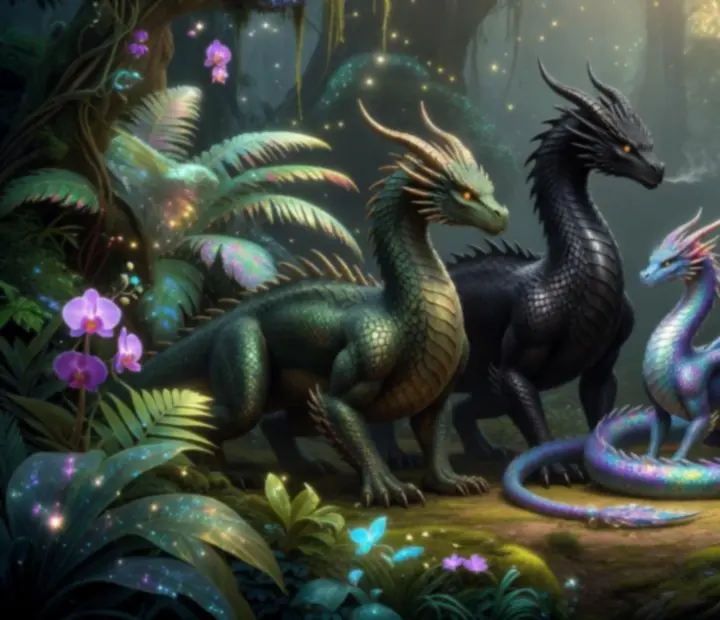 Kolekcja fantazyjnych smoków różnych rozmiarów i kolorów z gry Dragon Cape Przygoda