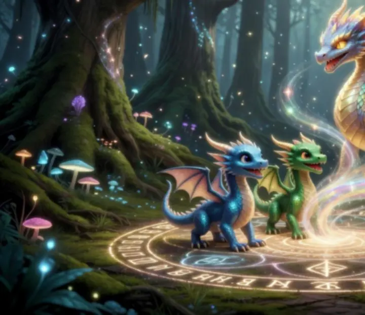 Ilustracja przedstawiająca łączenie smoków w Dragon Cape Przygoda w kolorowej, fantastycznej scenerii